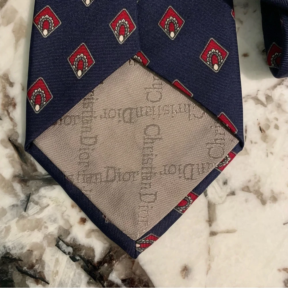 Christian DIOR 100% Silk Repp Tie Navy & Red - Fabric woven in Italy Made in USA